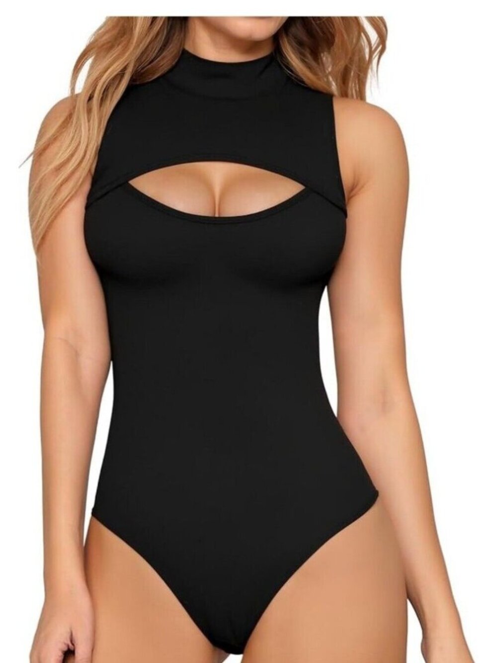 MANGOPOP Women's M Black Mock Neck Sexy Cutout Sleeveless Bodysuit Snap NWT